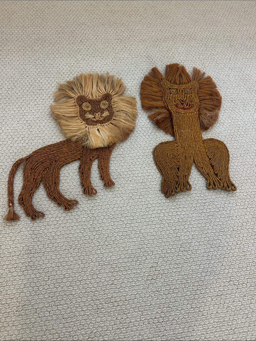 Jute Rope Lion Wall Art Pair Woven Fiber Boho Folk Art Decor